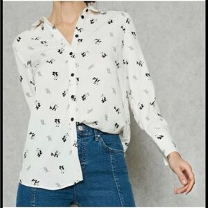 Topshop White Button-Down Shirt with panda bears and bamboo print